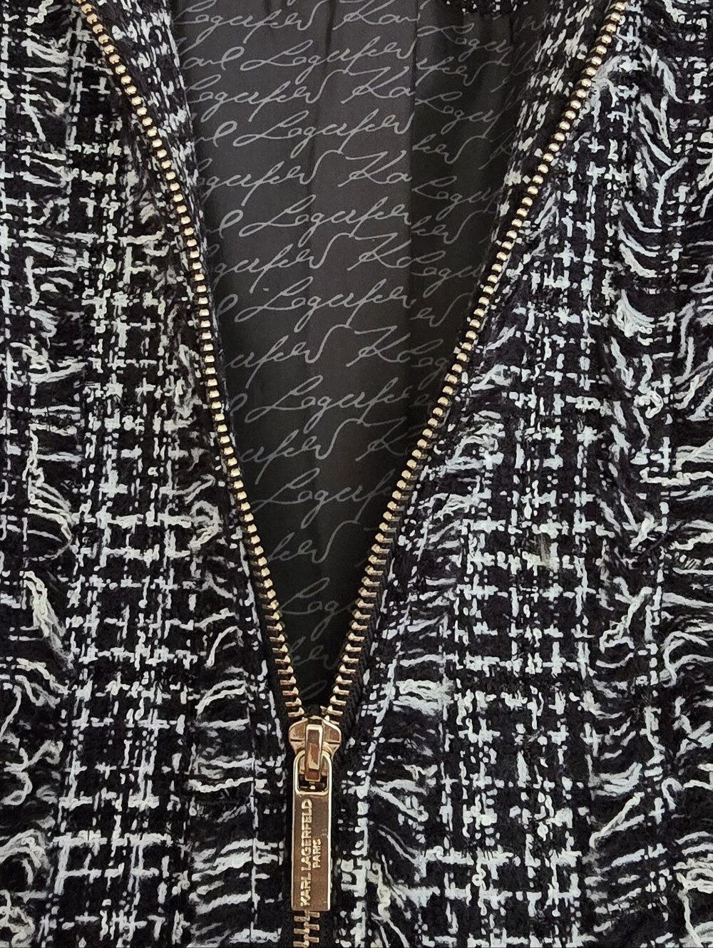 Karl Lagerfeld Black & White Tweed Zip Jacket, Size 2 - Picture 3 of 5